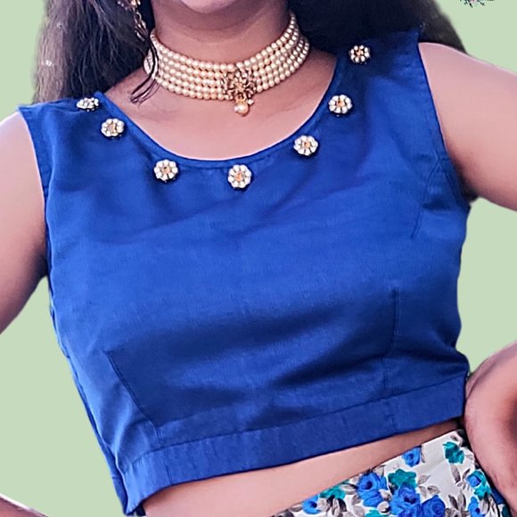 Blue Floral Print Raw Silk Skirt with Crop Top - Picture 3 of 6